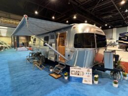 exterior shot of a pottery barn airstream with its awning out