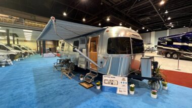 exterior shot of a pottery barn airstream with its awning out