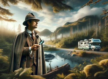 AI image showing a detective with a magnifying glass in boondocking site with an RV