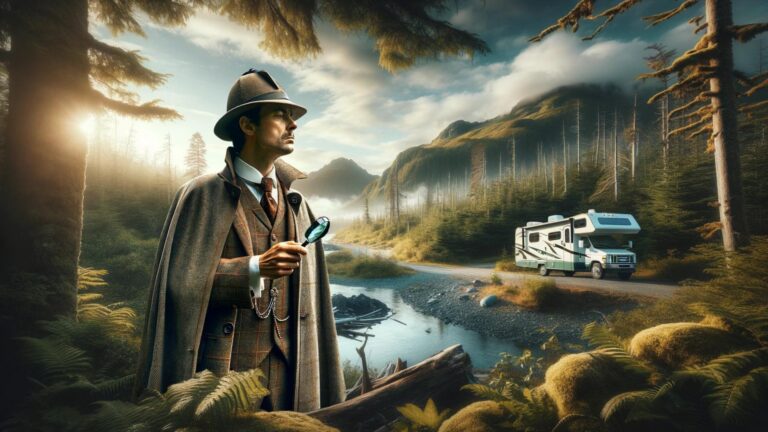 AI image showing a detective with a magnifying glass in boondocking site with an RV