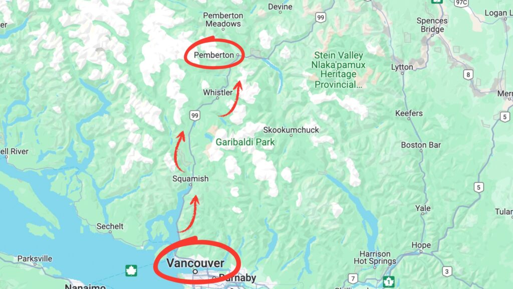 A map that shows Vancouver and Pemberton circled in red with arrows pointing at highway 99, also known as the sea to sky highway. 