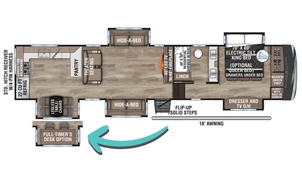 A screenshot of the KZ Durango Gold G391RKF floorplan with an arrow pointing to the section that shows the full-timer's desk option in the kitchen.