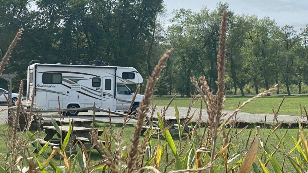 A Class C motorhome parked in a parking lot with tall grass in the foreground. 