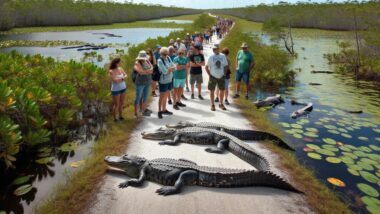 AI image of Alligators laying on a walking trail backing up people
