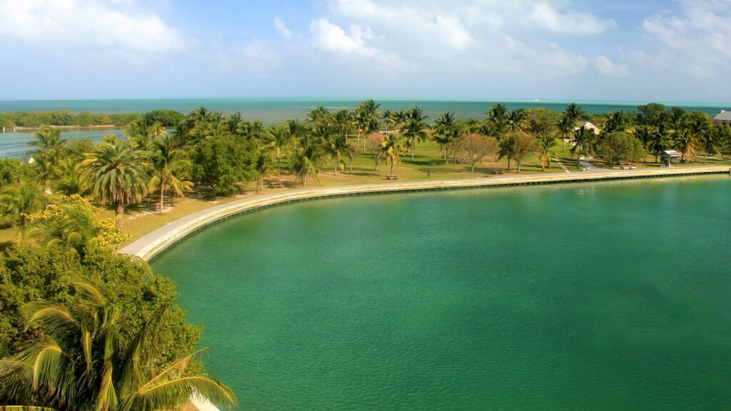 Aerial view of Biscayne National Park showing the green ocean water and palm trees.