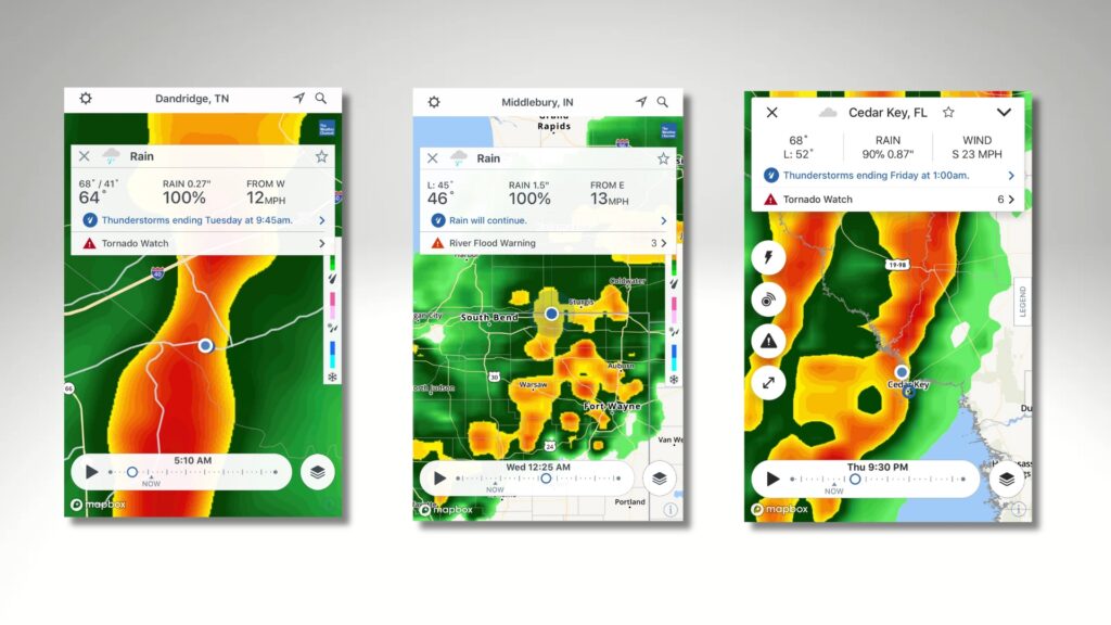 Screenshots from our weather app that shows different storms we've been in across the country.