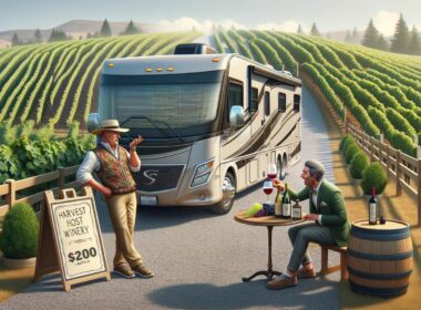 AI image of an RV parked on a winery in harvest hosts