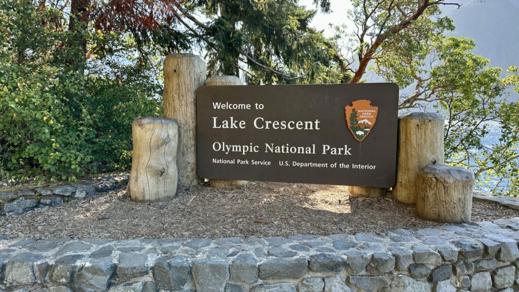 The Welcome to Lake Crescent sign in Olympic National Park. 