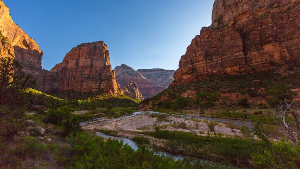 A view of the towering mountains and river below in Zion National Park.