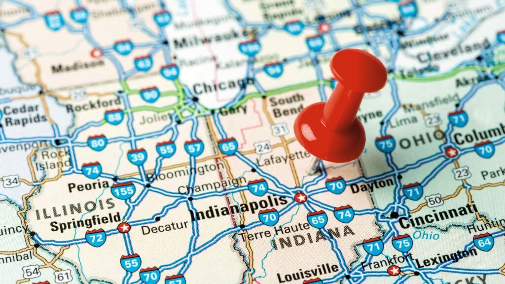 A red pin in a map on Indiana