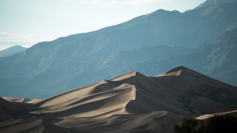 Great Sand Dunes National Park dunes with mountain range in the background.