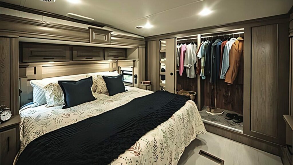 D RV Luxury Suites king size bed with open closet and clothes hanging. 