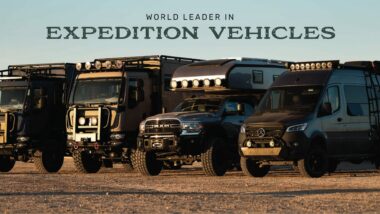 The Global Expedition Vehicle line up with the title "World Leader in Expedition Vehicles".