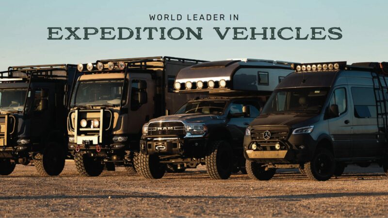 The Global Expedition Vehicle line up with the title "World Leader in Expedition Vehicles".