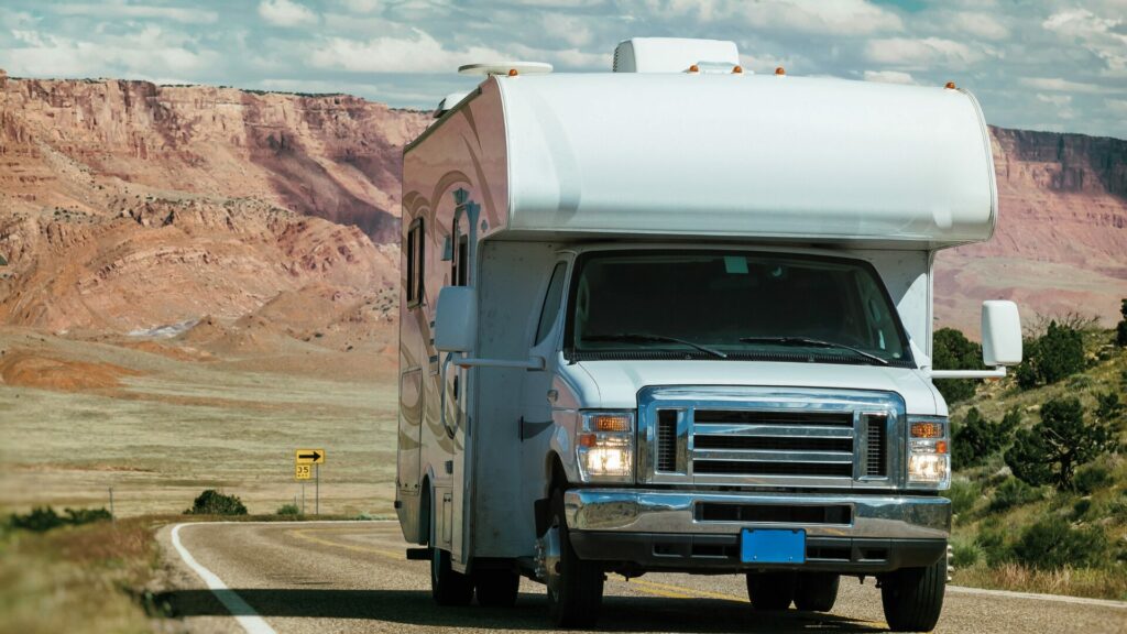 RV motorhome driving through Grand Canyon National Park.