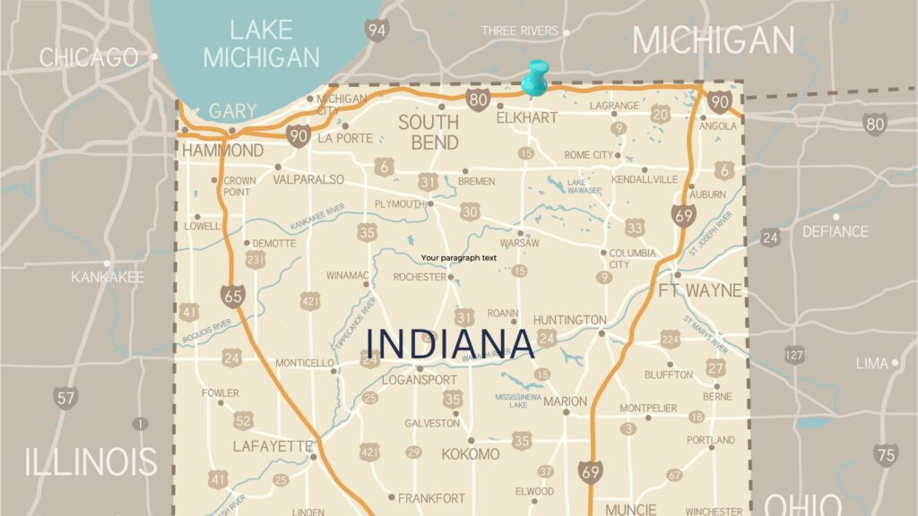 Map of Indiana with a blue Pin on the city Bristol. 