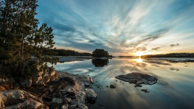 The sunset along the waters of Voyageurs National Park as seen from the Ash Visitor Center