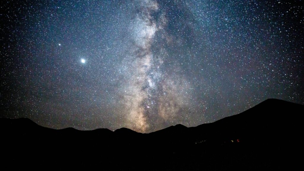 Landscape view of the Milky Way rising over the landscape of Great Basin National Park in Nevada.