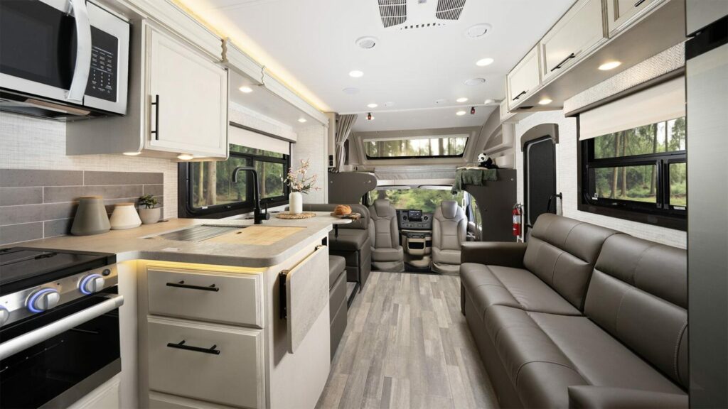 Kitchen and living room to the front of the Jayco Greyhawk