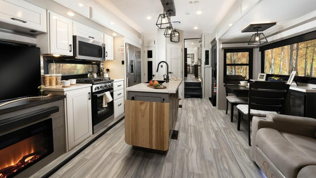 The kitchen and living area of the Jayco Pinnacle.