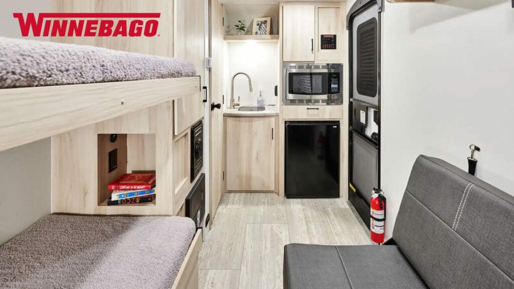 The interior of the Winnebago Hike 100 Travel Trailer. 