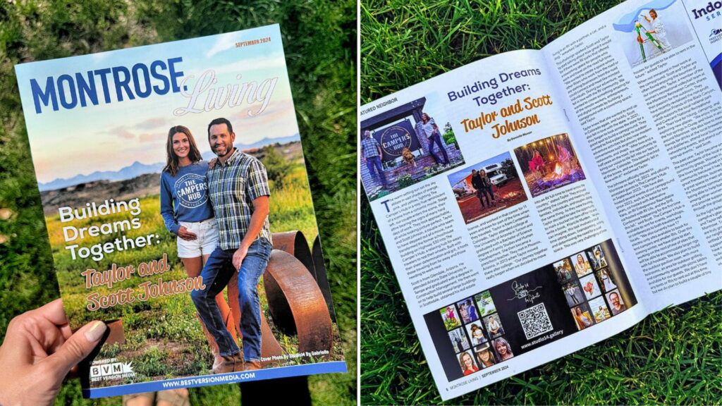 Photos of the cover and an article in the magazine Montrose Living, featuring Taylor and Scott Johnson from The Camping Hub. 