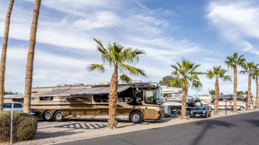 The RV sites at Araby Acres RV Resort, displaying how tight the spaces are.