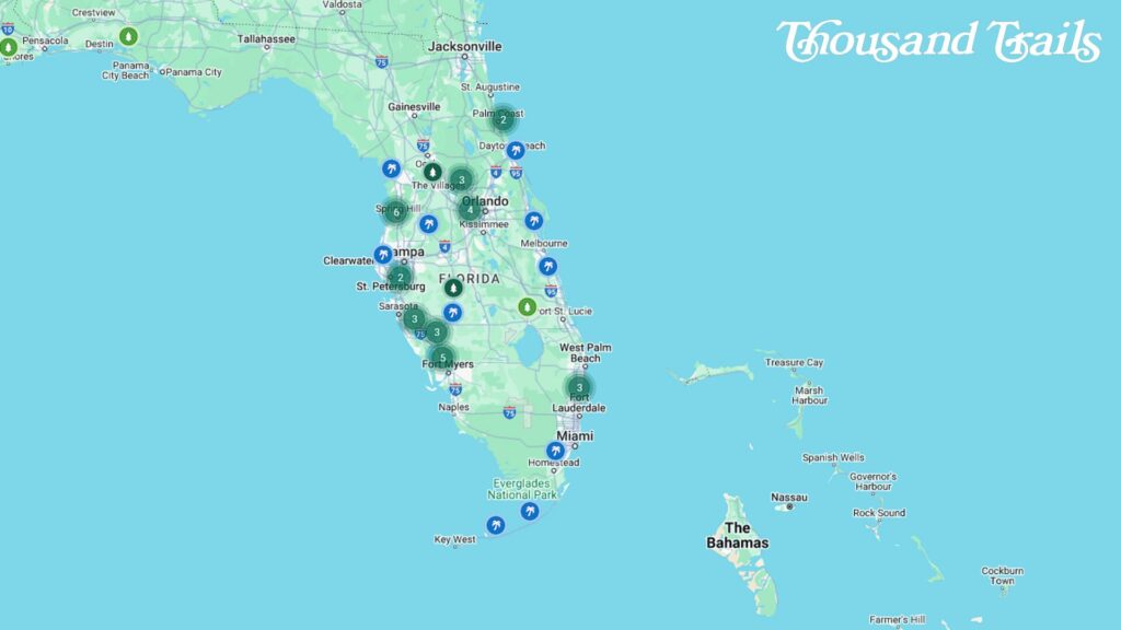 Map of Thousand Trail and affiliated RV Park locations in the state of Florida. 