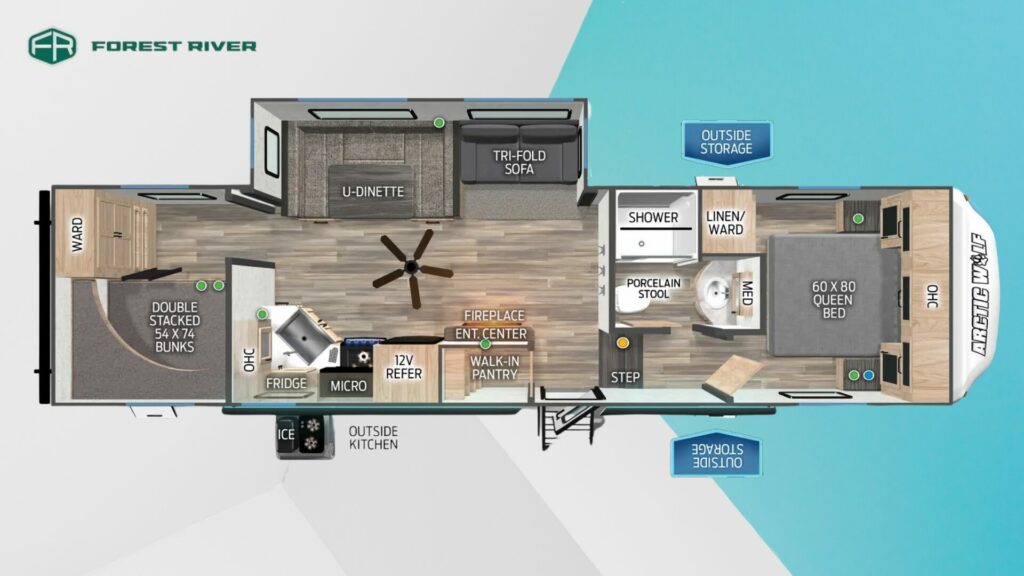 A floorplan of the Forest River Arctic Wolf 287BH 5th wheel RV Trailer. 