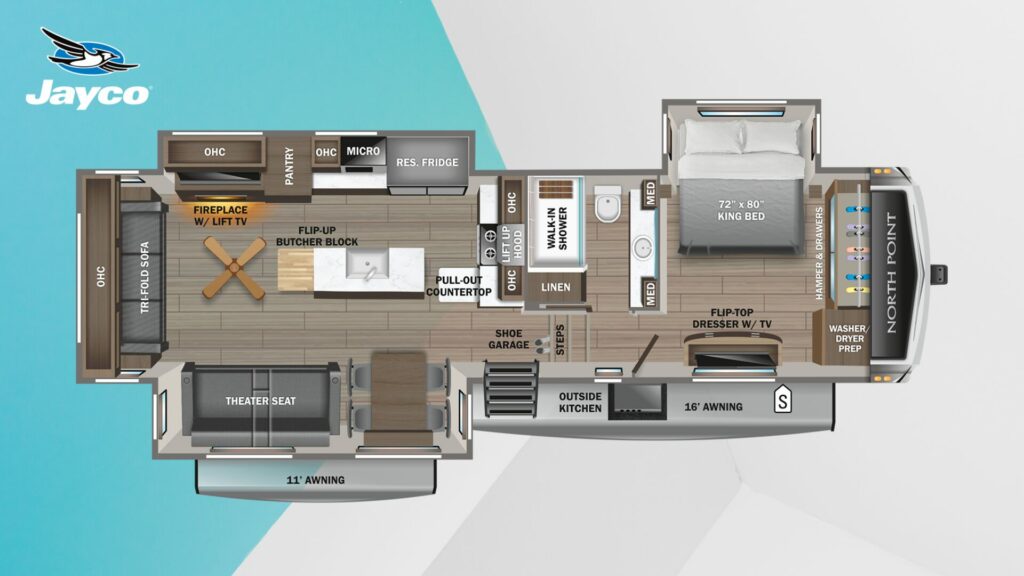 The Jayco North Point 340CKTS 5th wheel RV Trailer floorplan. 