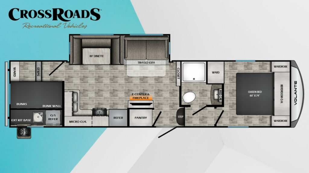 The Crossroads RV Volante VL295BH 5th wheel RV floorplan. 