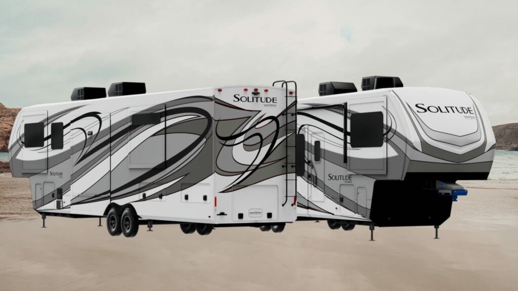 A photo showcasing the Grand Design Solitude 3740BH exterior paint options for the 5th wheel RV Trailer. 