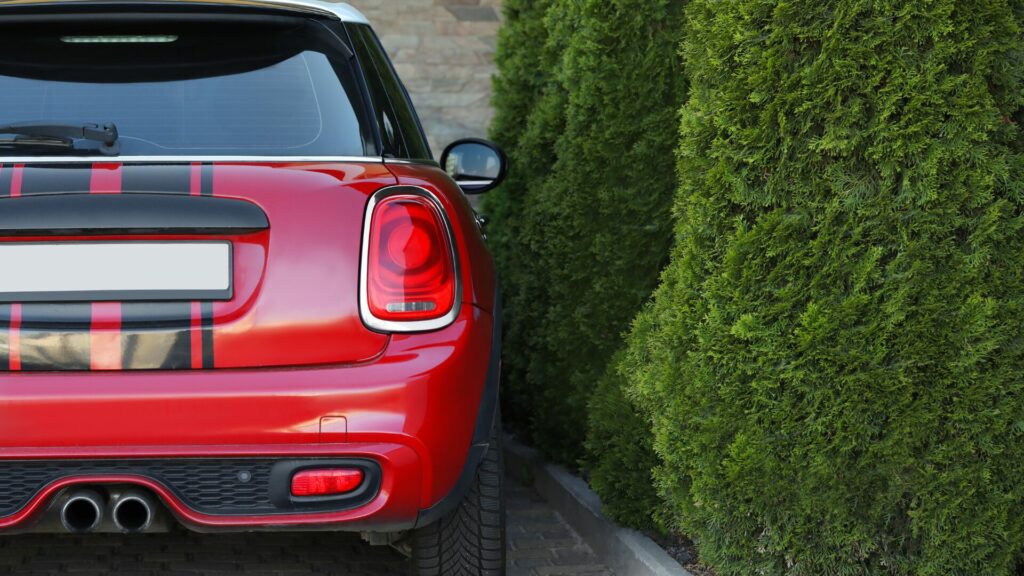 A red mini cooper parked in a drive next to a hedge of bushes. 