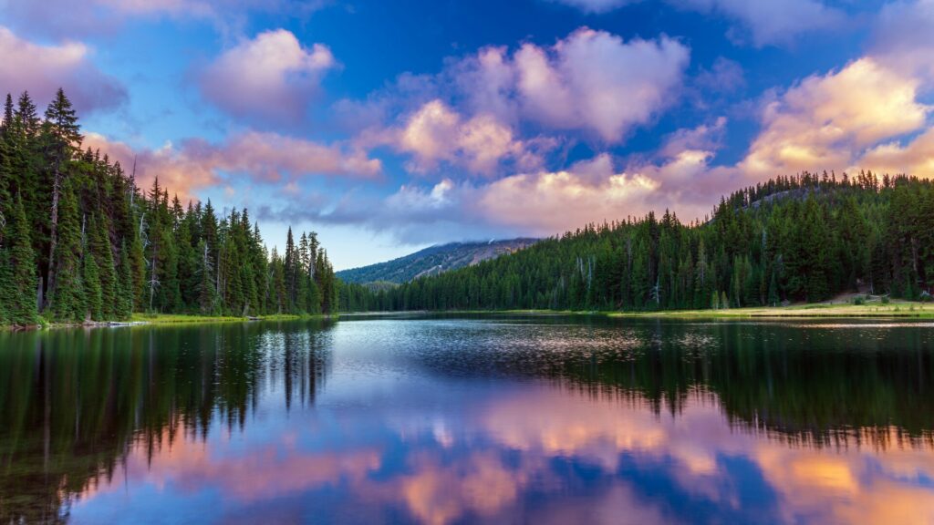 MT Bachelor and Todd Lake, Bend, OR with a colorful blue sky and golden clouds reflected in the lake. 