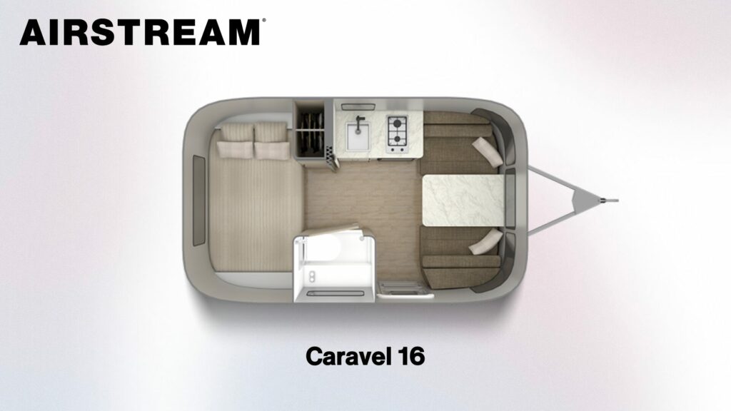 The small Airstream Caravel16 travel trailer floorplan.