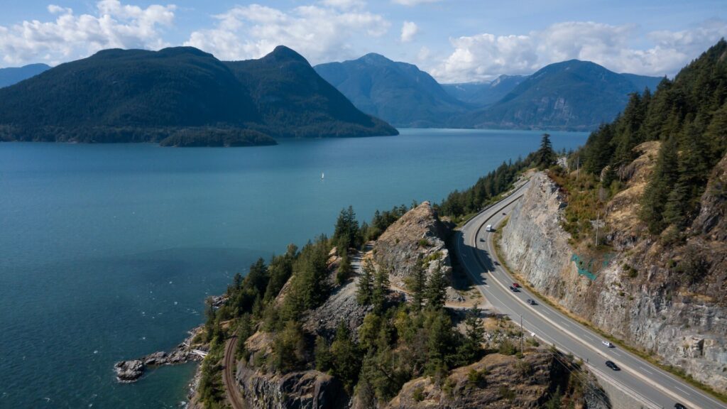 An aerial photo of the Sea to Sky Highway in Canada. 