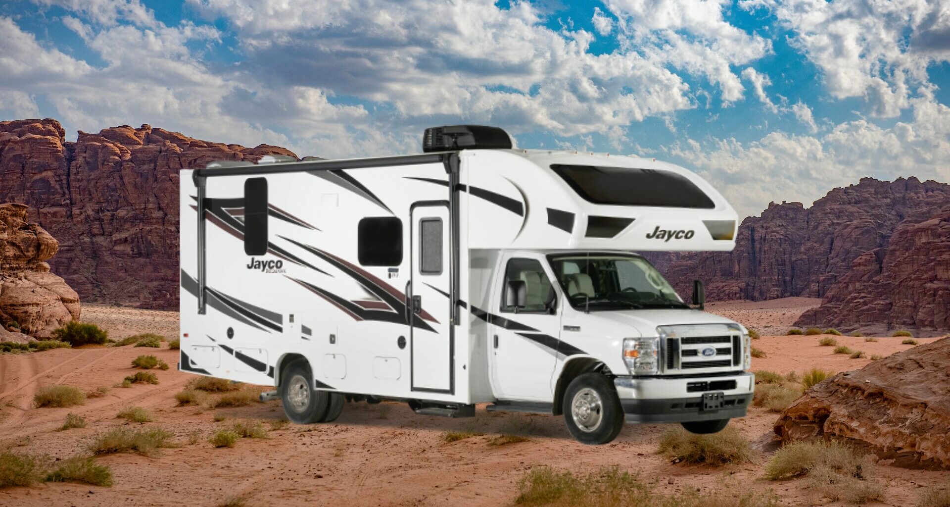 Jayco Redhawk in a rocky red desert.