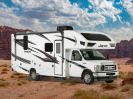 Jayco Redhawk in a rocky red desert.