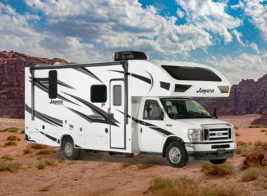 Jayco Redhawk in a rocky red desert.