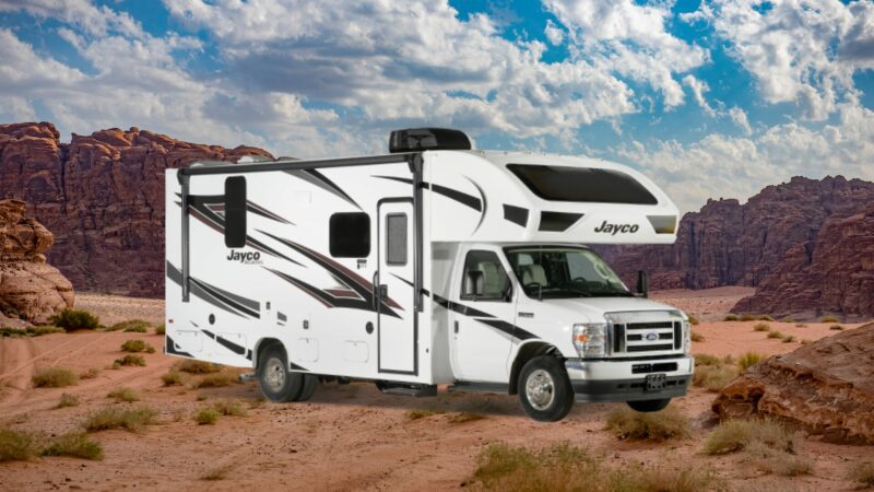 Jayco Redhawk in a rocky red desert.