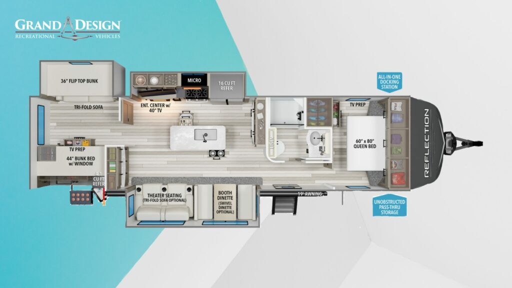 The Grand Design Reflection 312BHTS travel trailer floorplan.