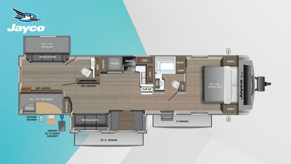 Jayco White Hawk travel trailer for a family of five floorplan. 