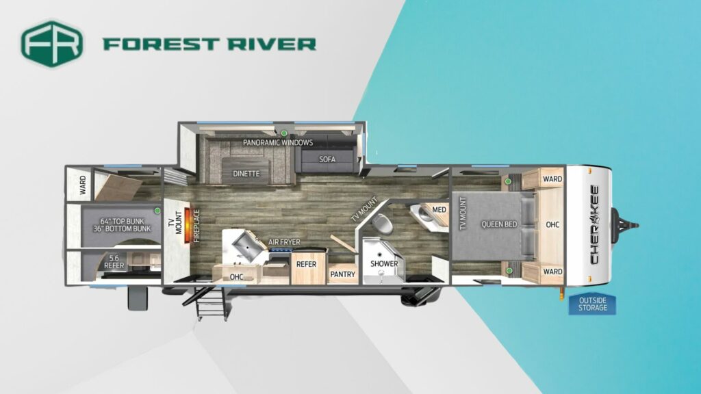 The Forest River Cherokee 294GEBG travel trailer for a family of five floorplan. 