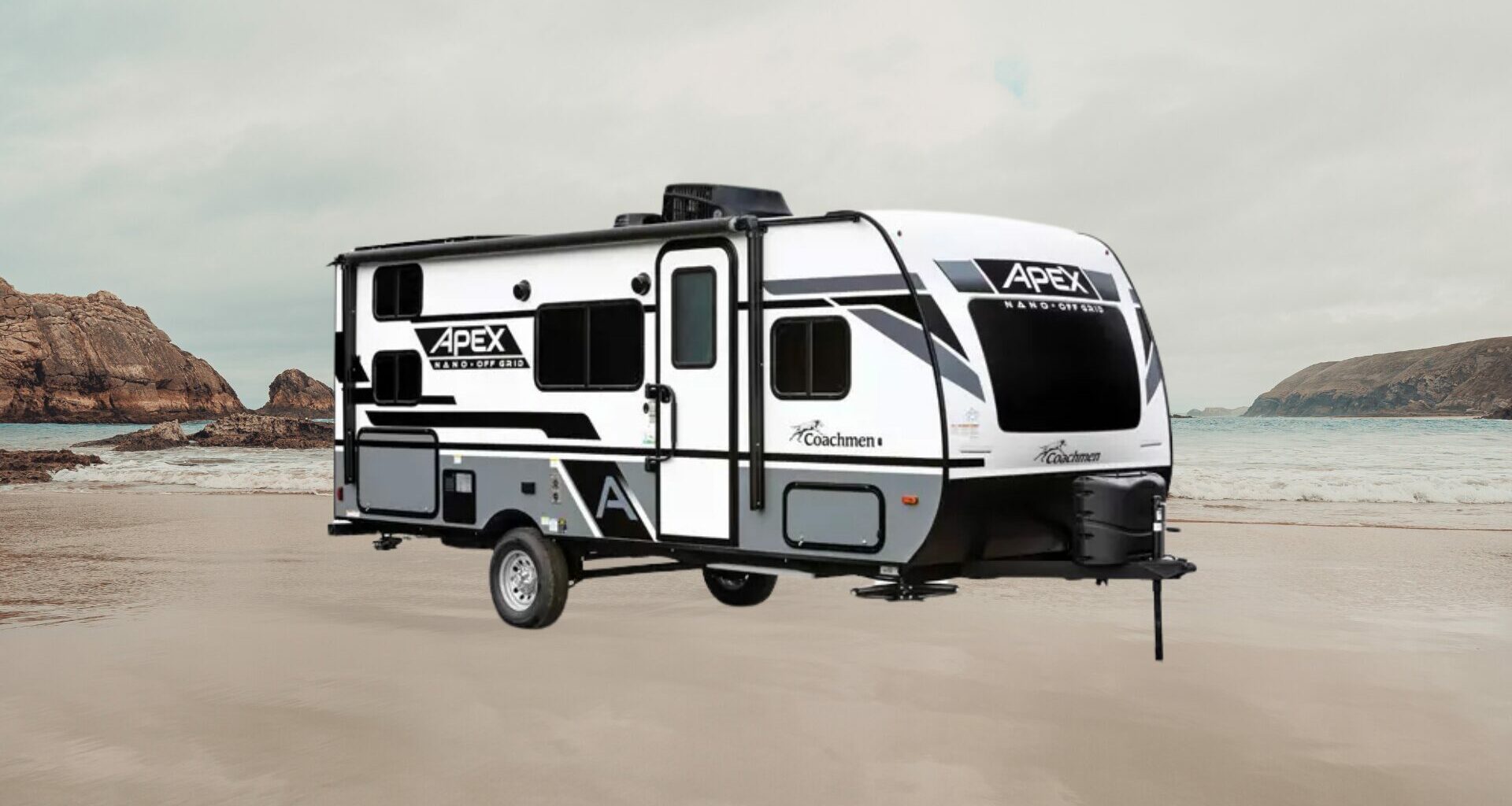 Coachmen Apex Nano RV Travel Trailer with a beach background.