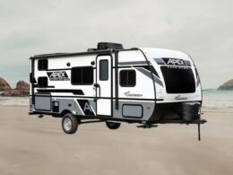 Coachmen Apex Nano RV Travel Trailer with a beach background.