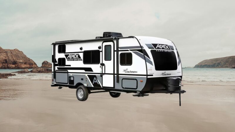 Coachmen Apex Nano RV Travel Trailer with a beach background.