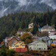 A photo of houses up on a hill in Ketchikan, Alaska.