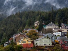 A photo of houses up on a hill in Ketchikan, Alaska.