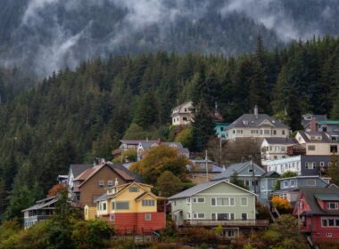 A photo of houses up on a hill in Ketchikan, Alaska.