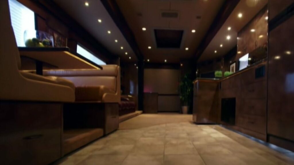 The interior of Brad Pitt's King Kong Production Vehicles' RV from an HGTV interview.